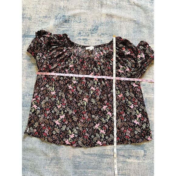 Loft Black Pink Red Orange Floral Print Garden Smocked Peasant Top Large - Picture 6 of 7
